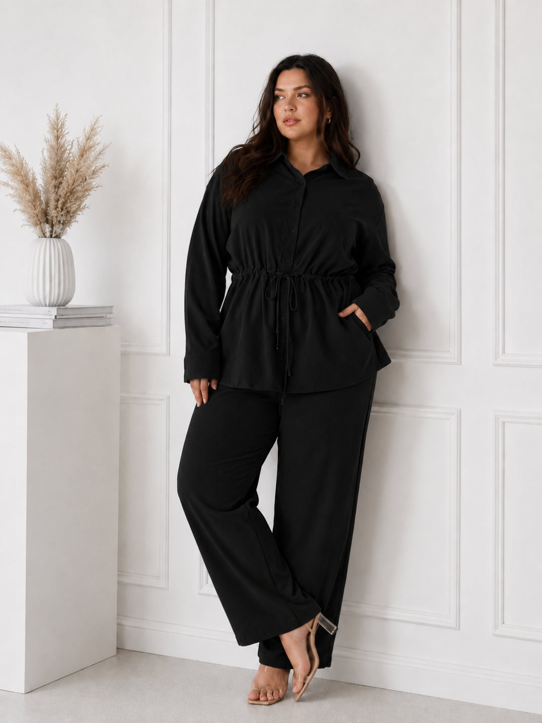Women's Textured Co-Ord Set with Drawstring Waist Shirt & Wide-Leg Pants