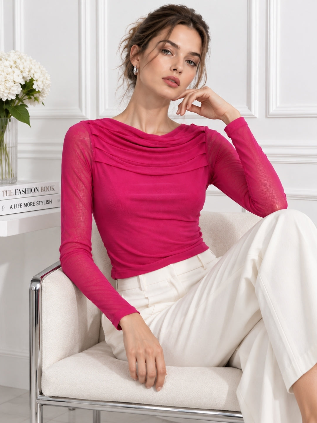 Clobug Women Pink Full Sleeve Mesh Top