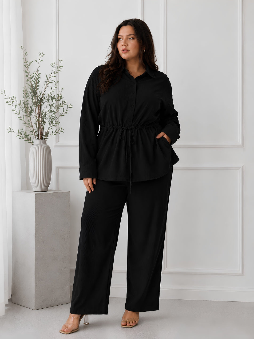 Women's Textured Co-Ord Set with Drawstring Waist Shirt & Wide-Leg Pants