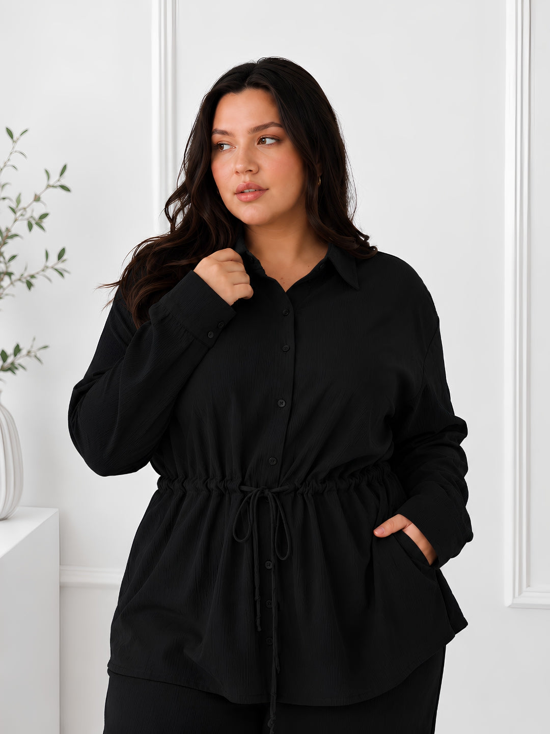 Women's Textured Co-Ord Set with Drawstring Waist Shirt & Wide-Leg Pants