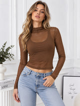 Clobug Women Full Sleeve High Neck Mesh Crop Top