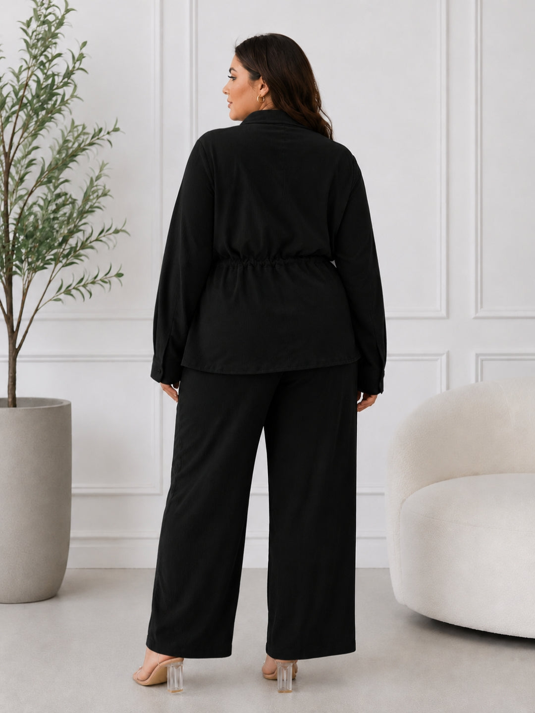 Women's Textured Co-Ord Set with Drawstring Waist Shirt & Wide-Leg Pants
