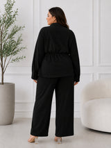 Women's Textured Co-Ord Set with Drawstring Waist Shirt & Wide-Leg Pants