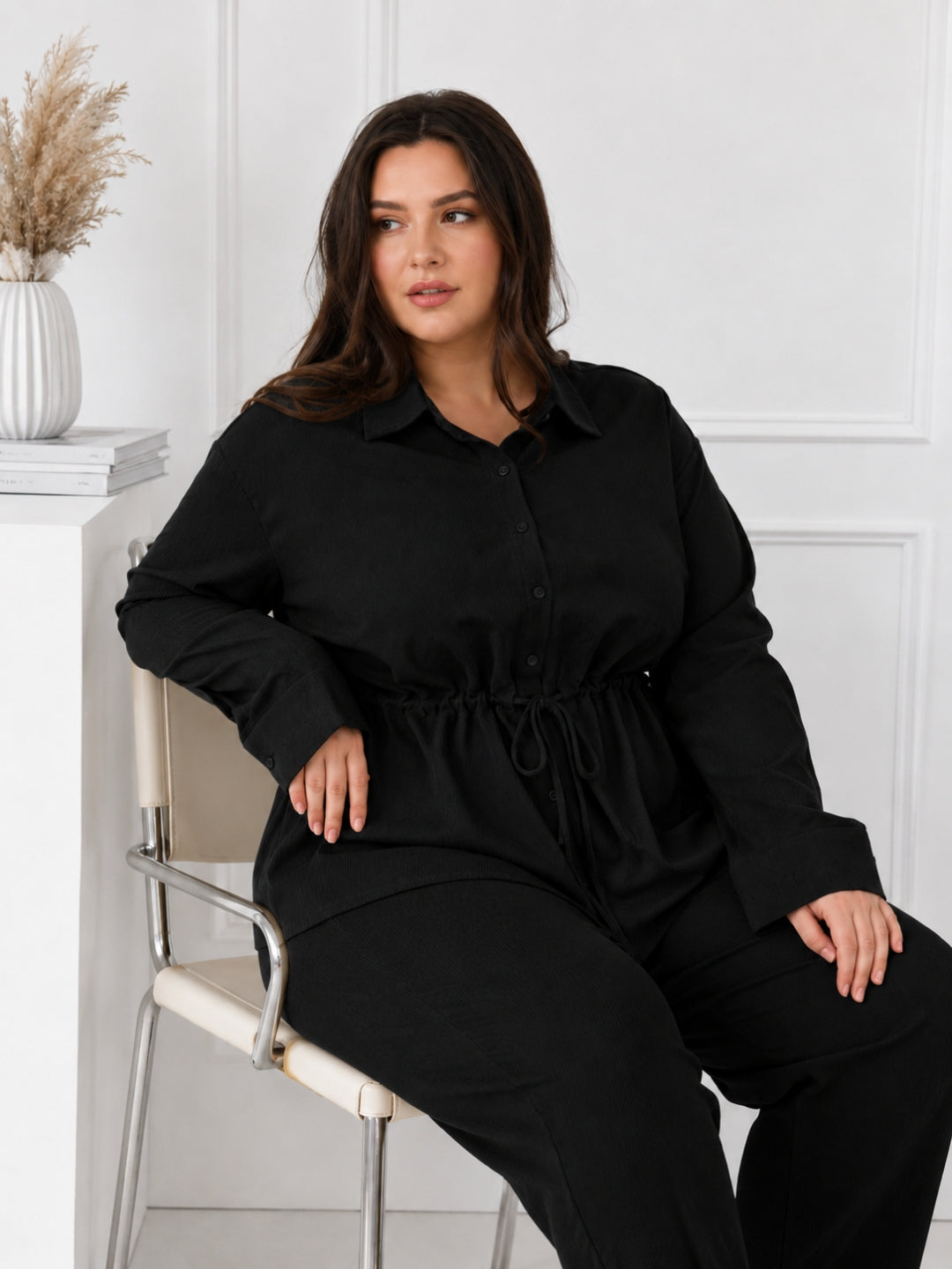 Women's Textured Co-Ord Set with Drawstring Waist Shirt & Wide-Leg Pants