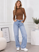 Clobug Women Full Sleeve High Neck Mesh Crop Top