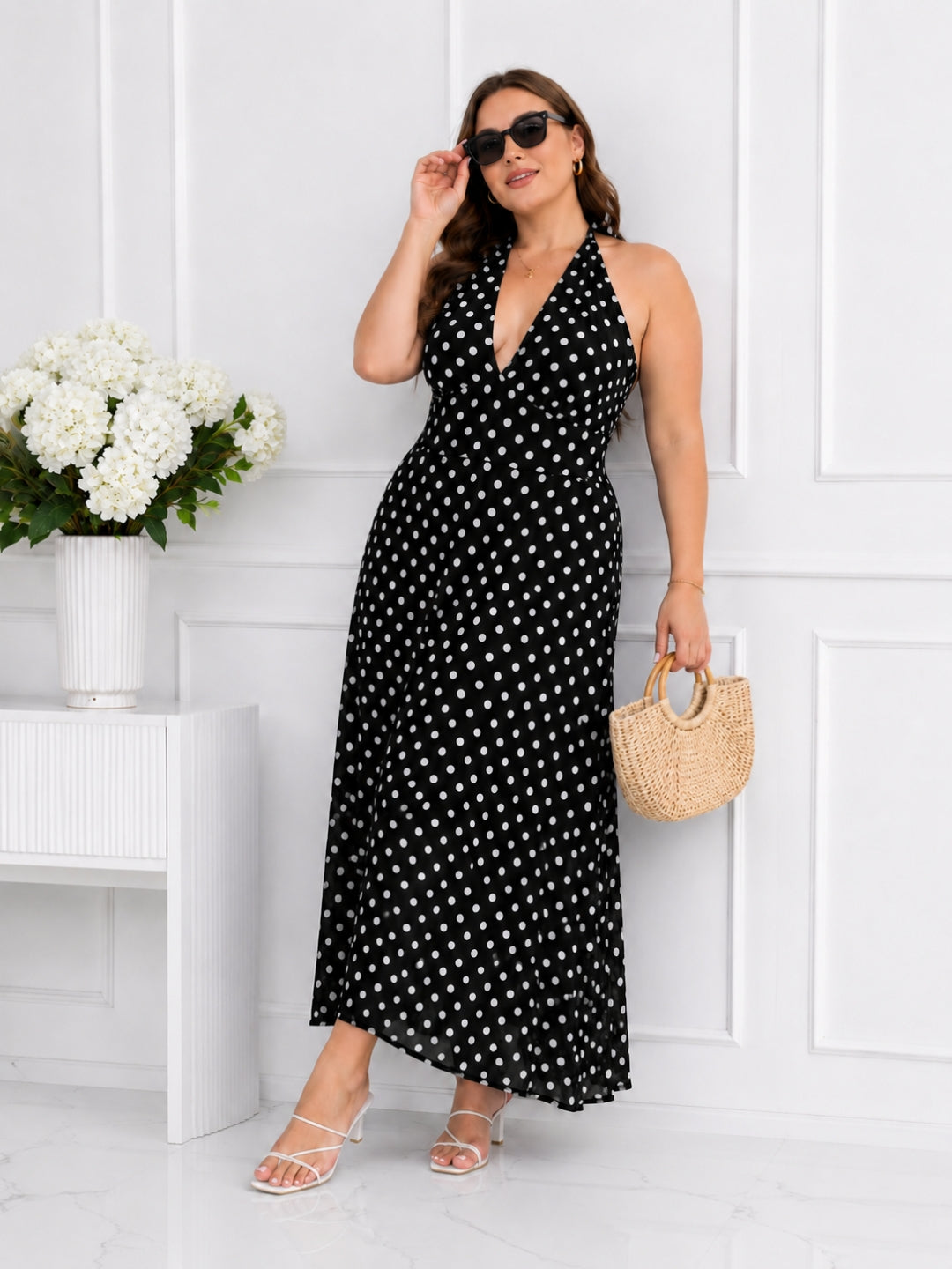 Women's Plus Size Polka Dot Halter Neck Maxi Dress
