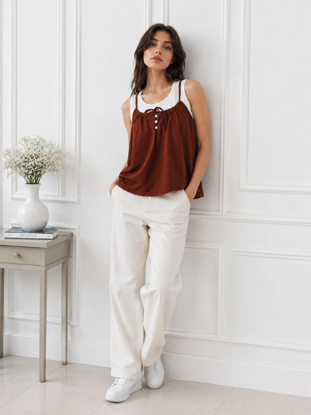 Women's Brown Round Neck Top