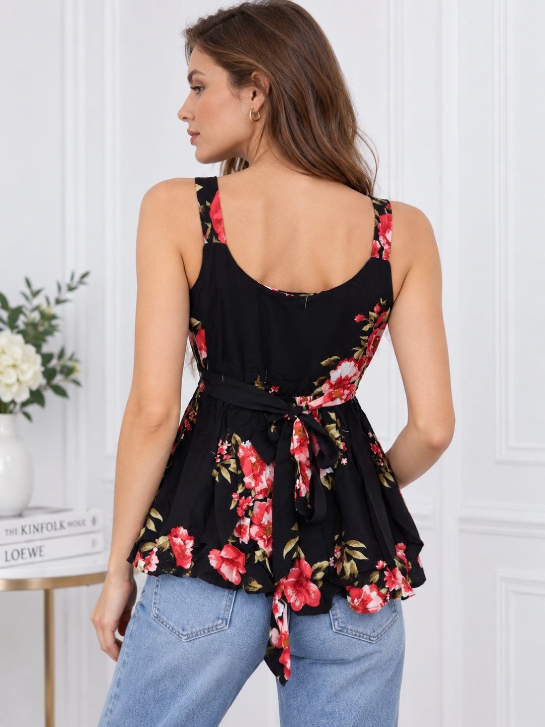 Clobug Women Black Floral Tunic Top