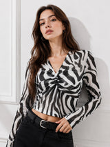 Clobug Women Printed V neck Full Sleeve Crop Top