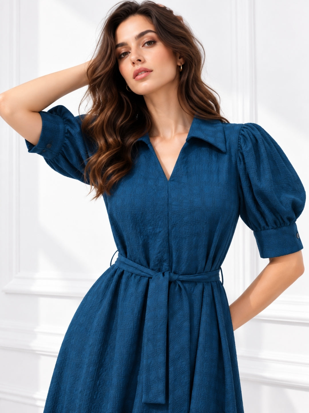 Blue Puff Sleeve Midi Dress