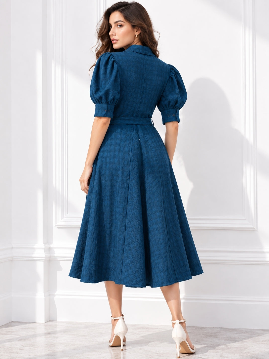 Blue Puff Sleeve Midi Dress