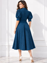 Blue Puff Sleeve Midi Dress