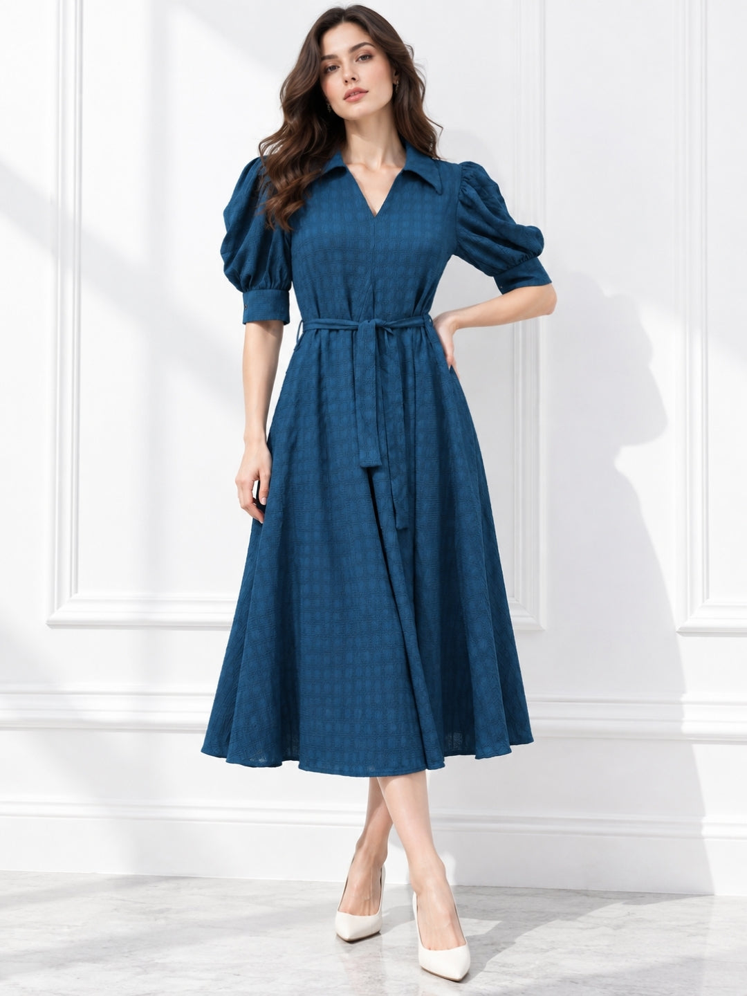 Blue Puff Sleeve Midi Dress