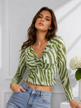 Clobug Women Printed V neck Full Sleeve Crop Top
