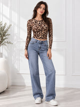 Clobug Women’s Leapord Print Full Sleeve Crop Top