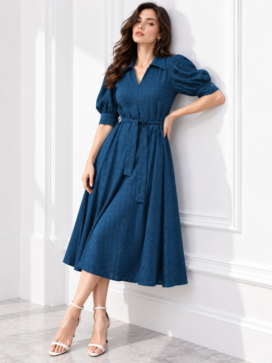 Blue Puff Sleeve Midi Dress