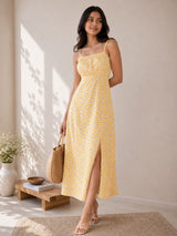 Clobug Women Floral Keyhole Multi Slit Midi Dress