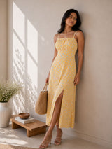 Clobug Women Floral Keyhole Multi Slit Midi Dress