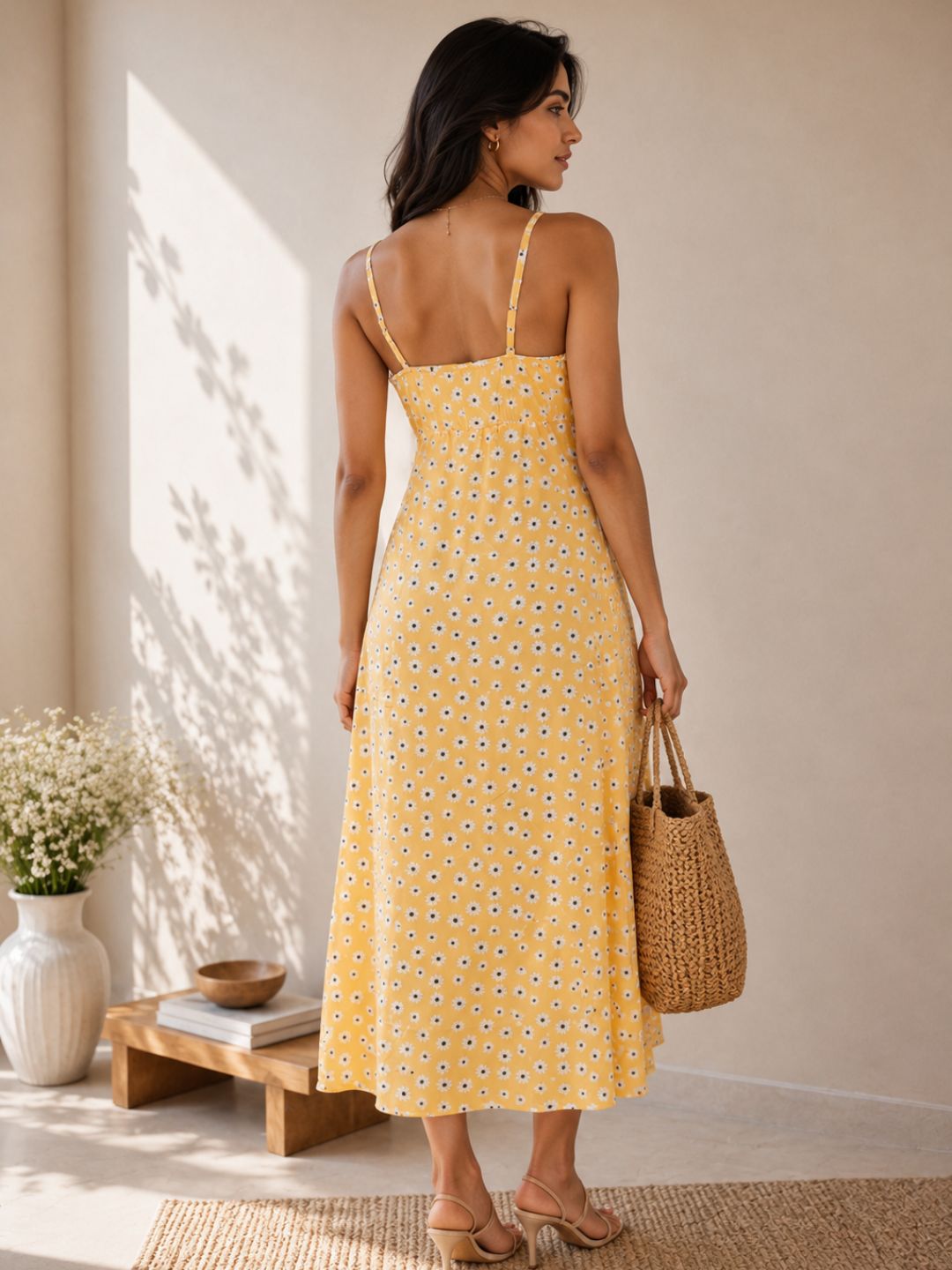 Clobug Women Floral Keyhole Multi Slit Midi Dress
