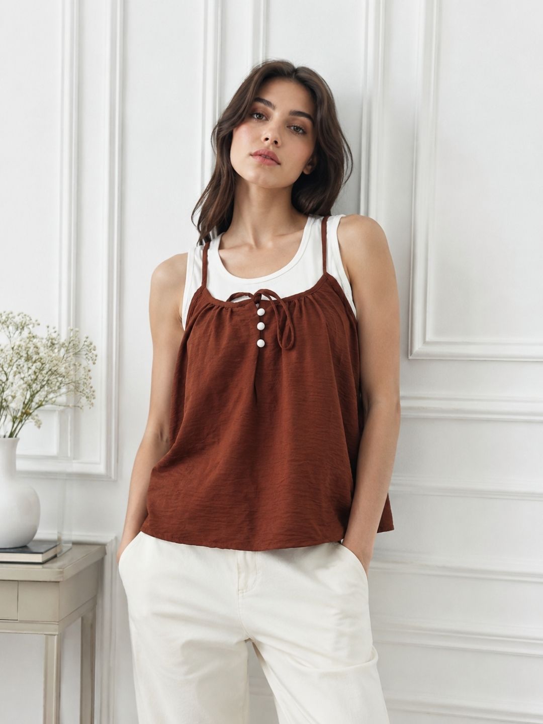 Women's Brown Round Neck Top