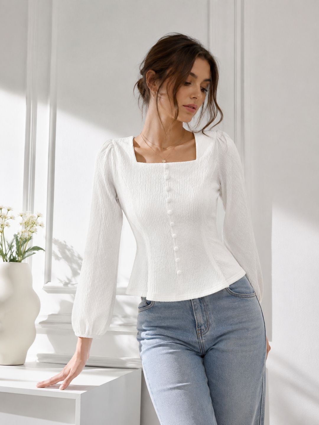 White Square Neck Full Sleeve Top