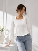 White Square Neck Full Sleeve Top