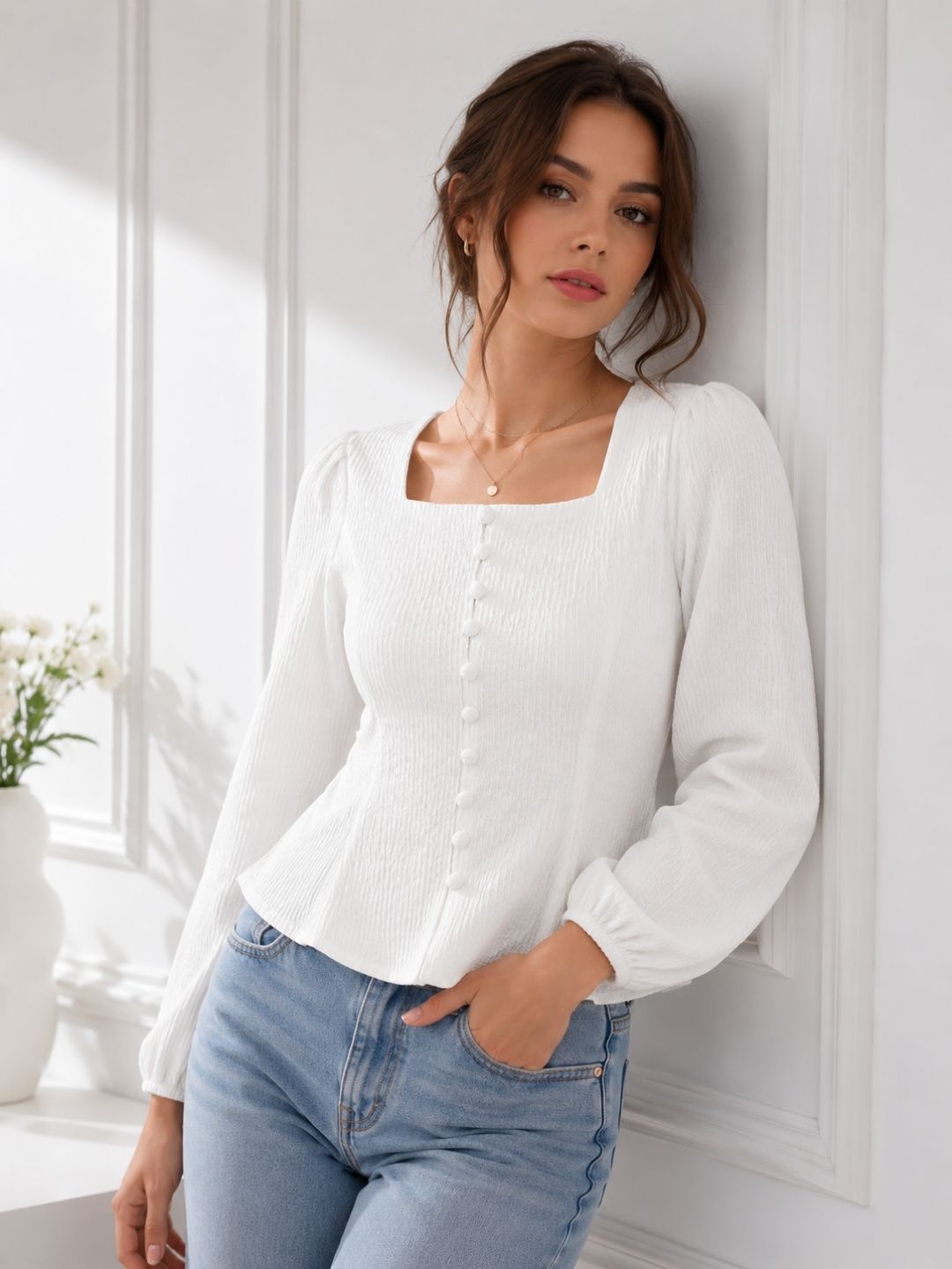 White Square Neck Full Sleeve Top