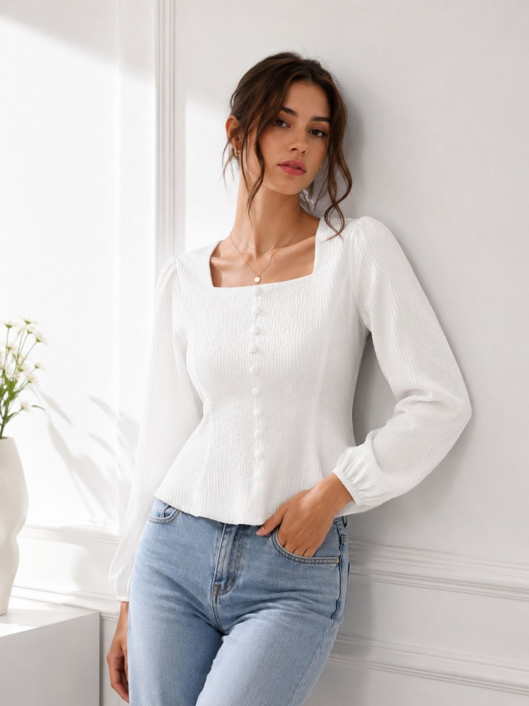 White Square Neck Full Sleeve Top