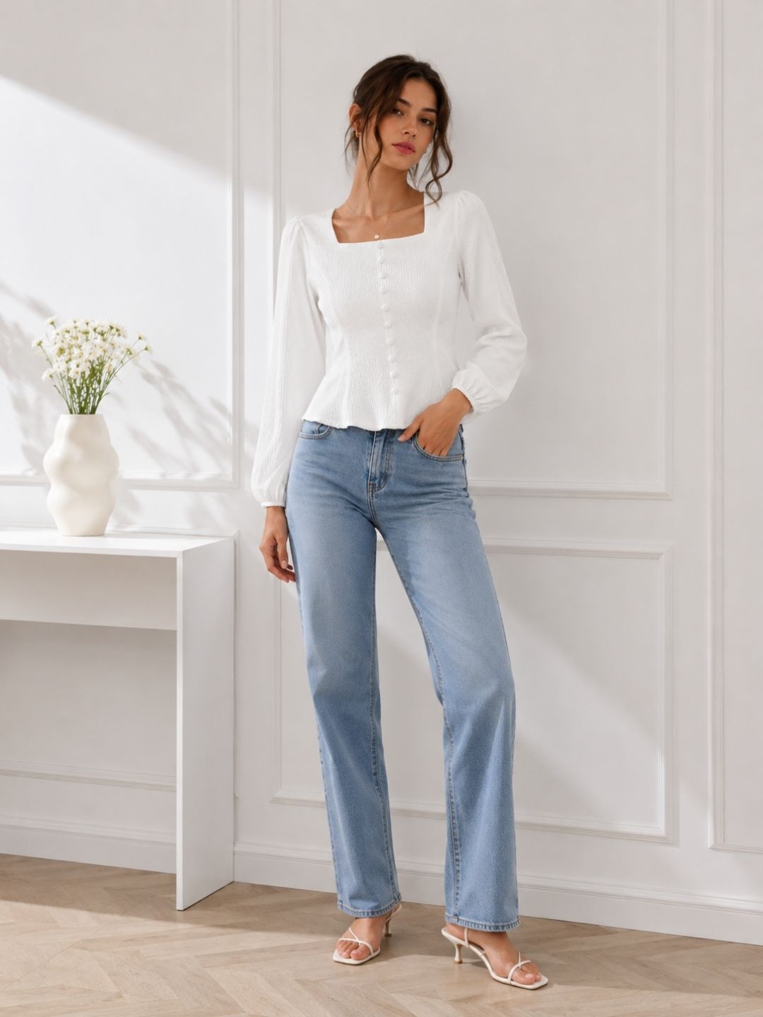White Square Neck Full Sleeve Top