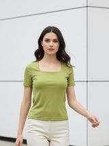 Clobug Women Olive Green Square Neck Ribbed Top