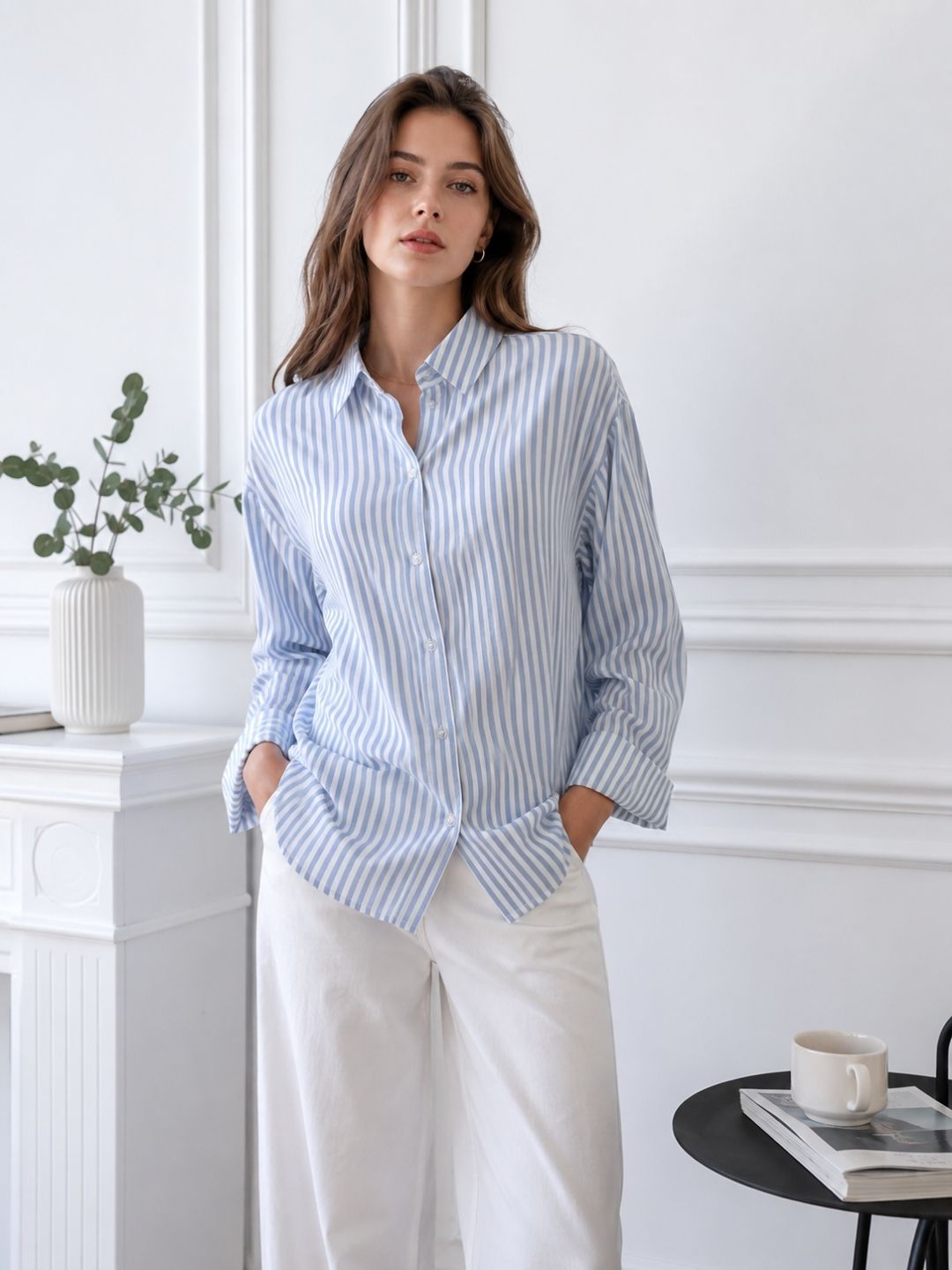 Women's Blue & White Vertical Stripes Casual Shirt
