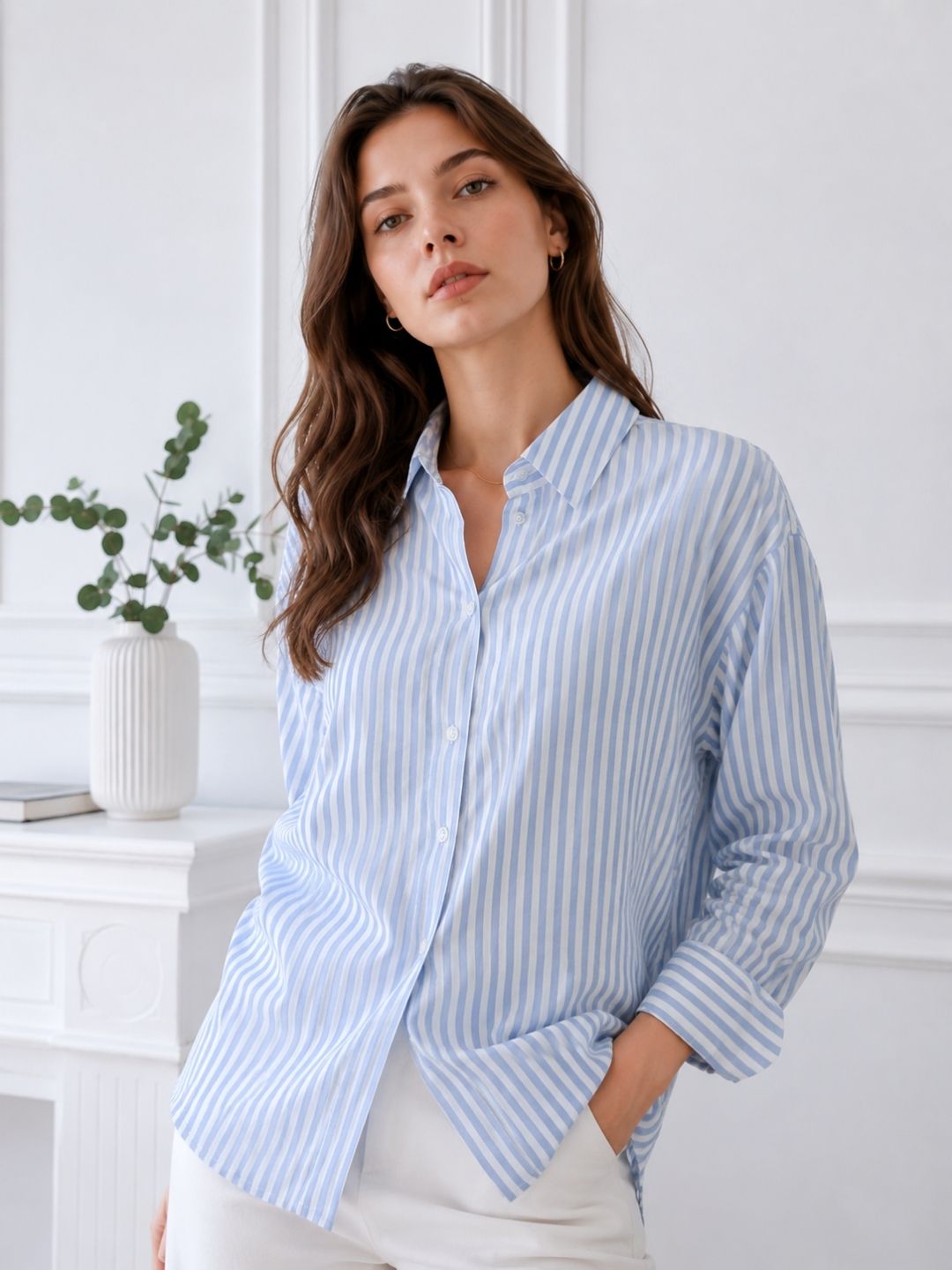 Women's Blue & White Vertical Stripes Casual Shirt