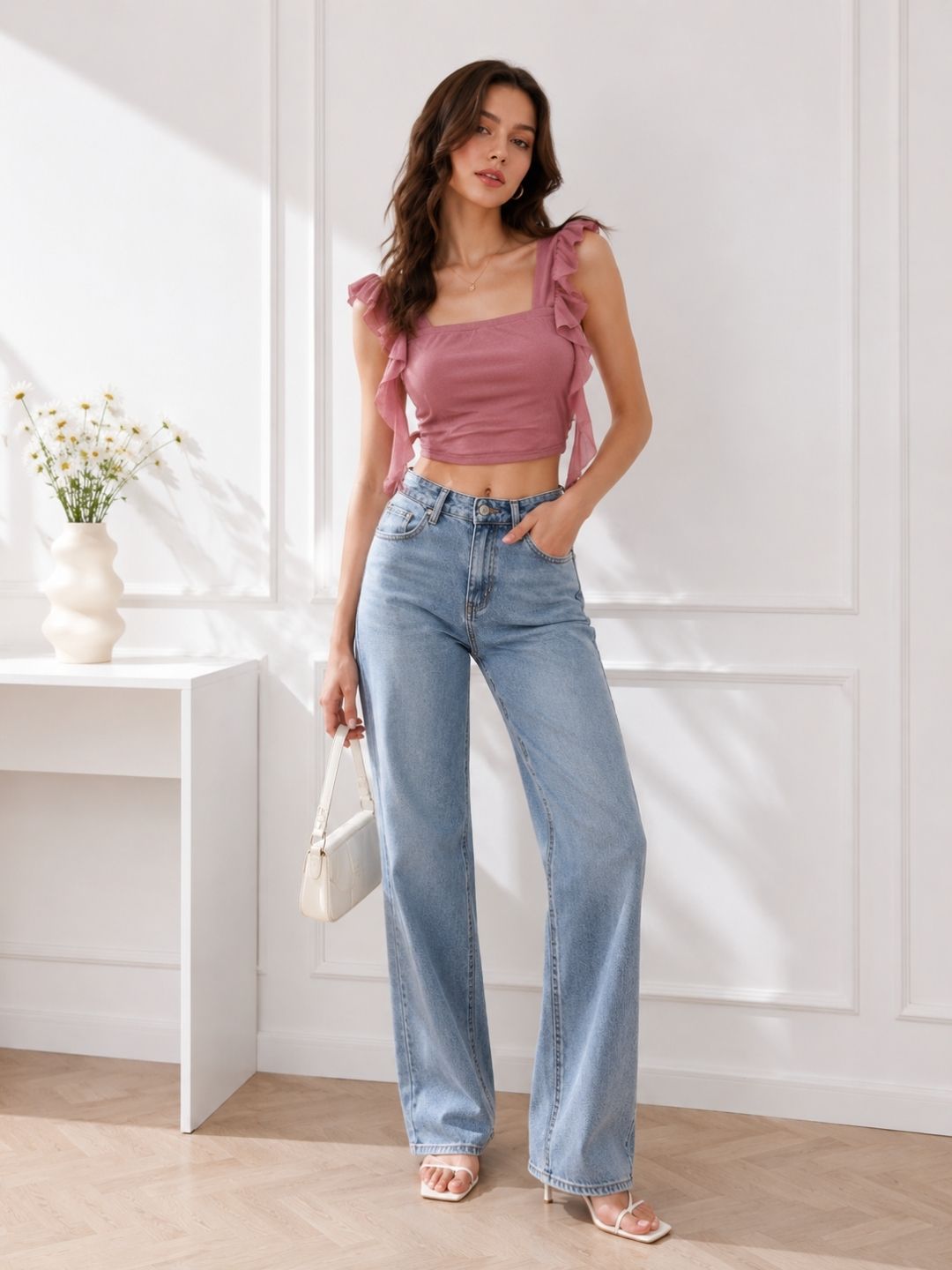 Women's Peach Pink Square Neck Top