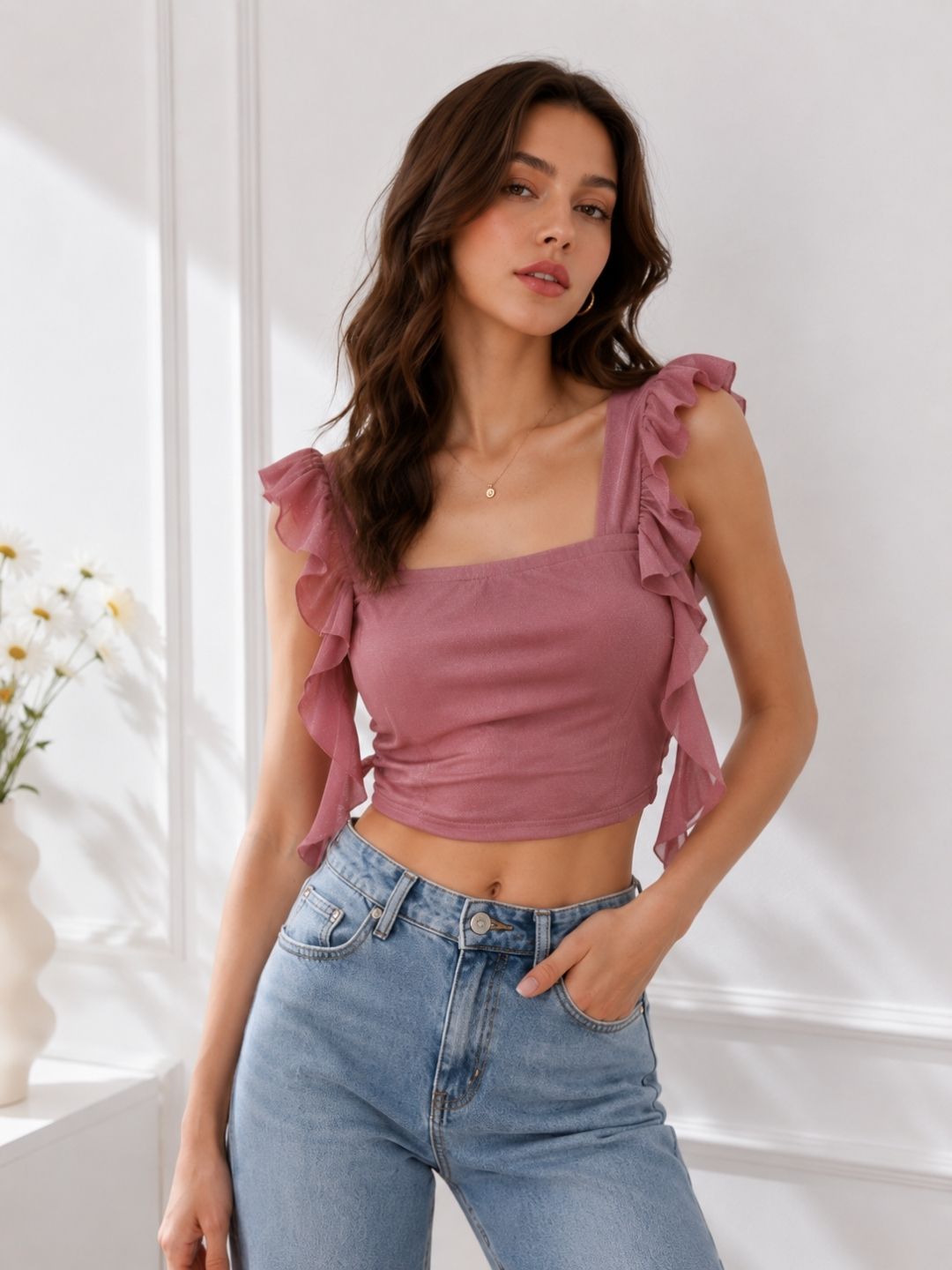 Women's Peach Pink Square Neck Top