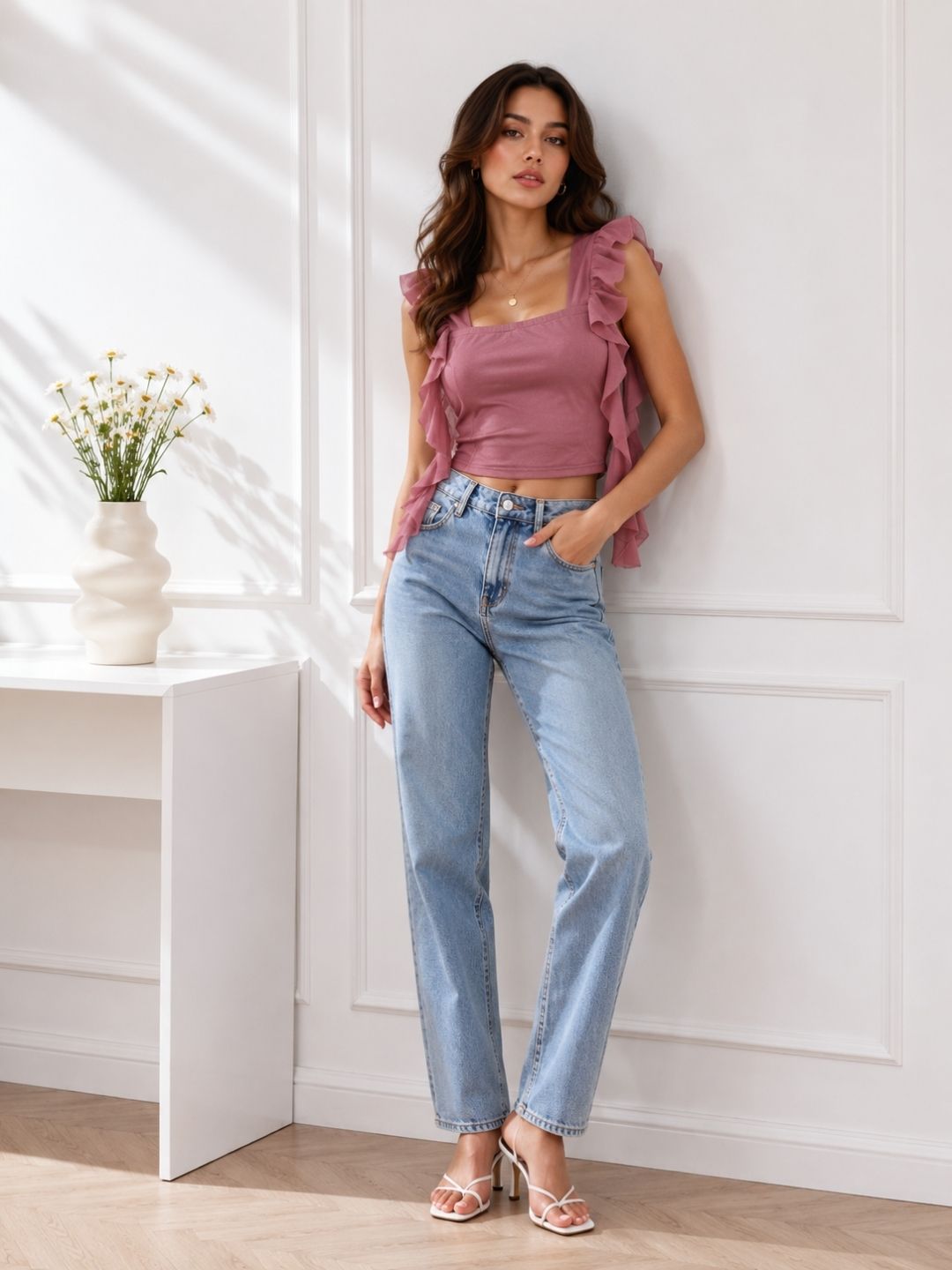 Women's Peach Pink Square Neck Top