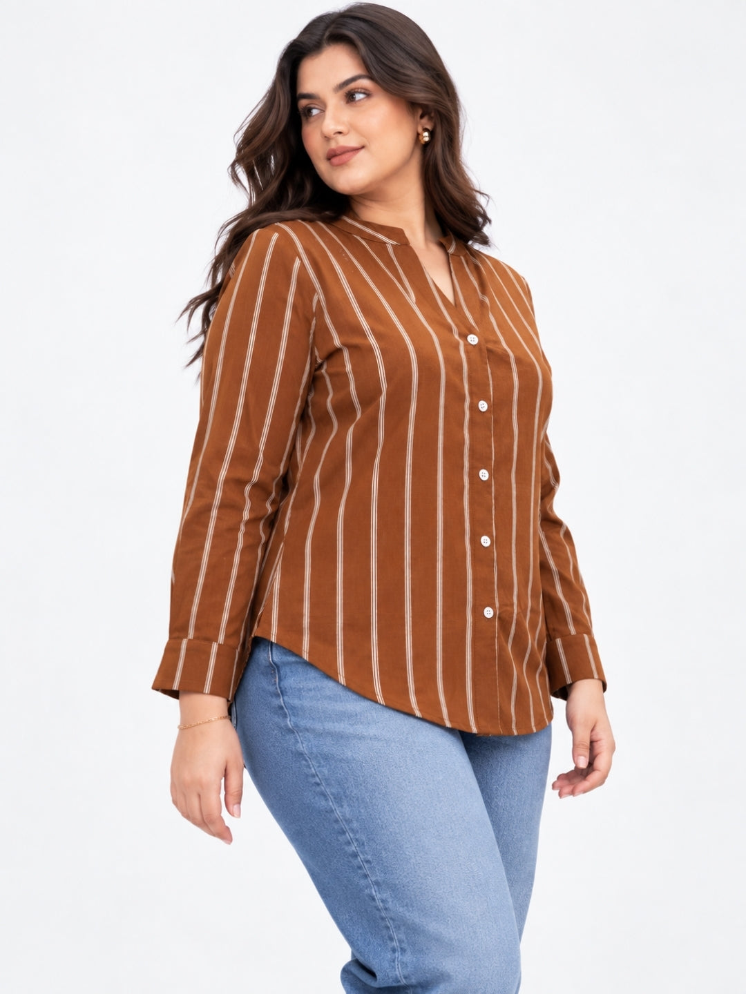 Clobug Women Plus Size Stripe Full Sleeve Brown Shirt
