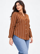 Clobug Women Plus Size Stripe Full Sleeve Brown Shirt