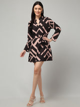 Clobug Women's Geometric Print Tie-Waist Dress