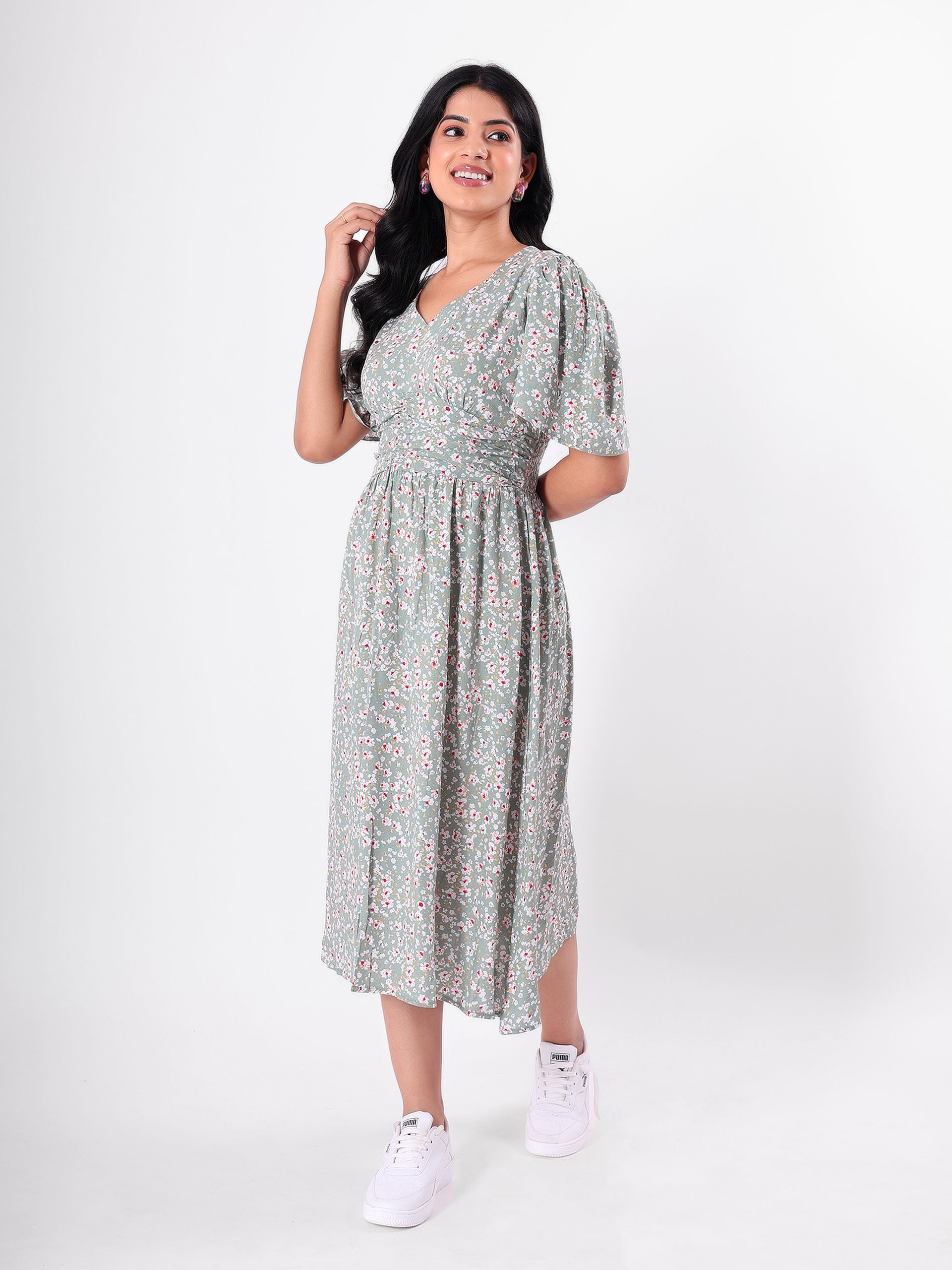 Floral Print A - Line Midi Dress With Butterfly Sleeve