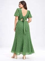 Women’s Polyester Plus Size Green Back Tie-up Dress