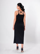 Solid Side Slit Strappy Midi Dress