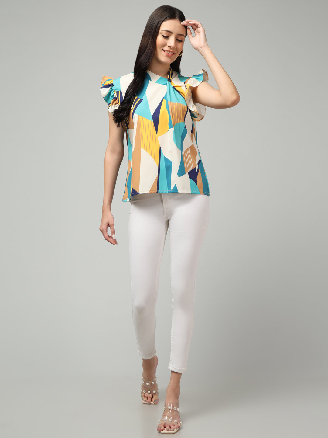 Clobug Women High Neck Printed Ruffle Sleeve Crepe Top