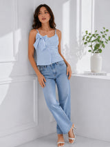 Clobug Women Blue Bow Top