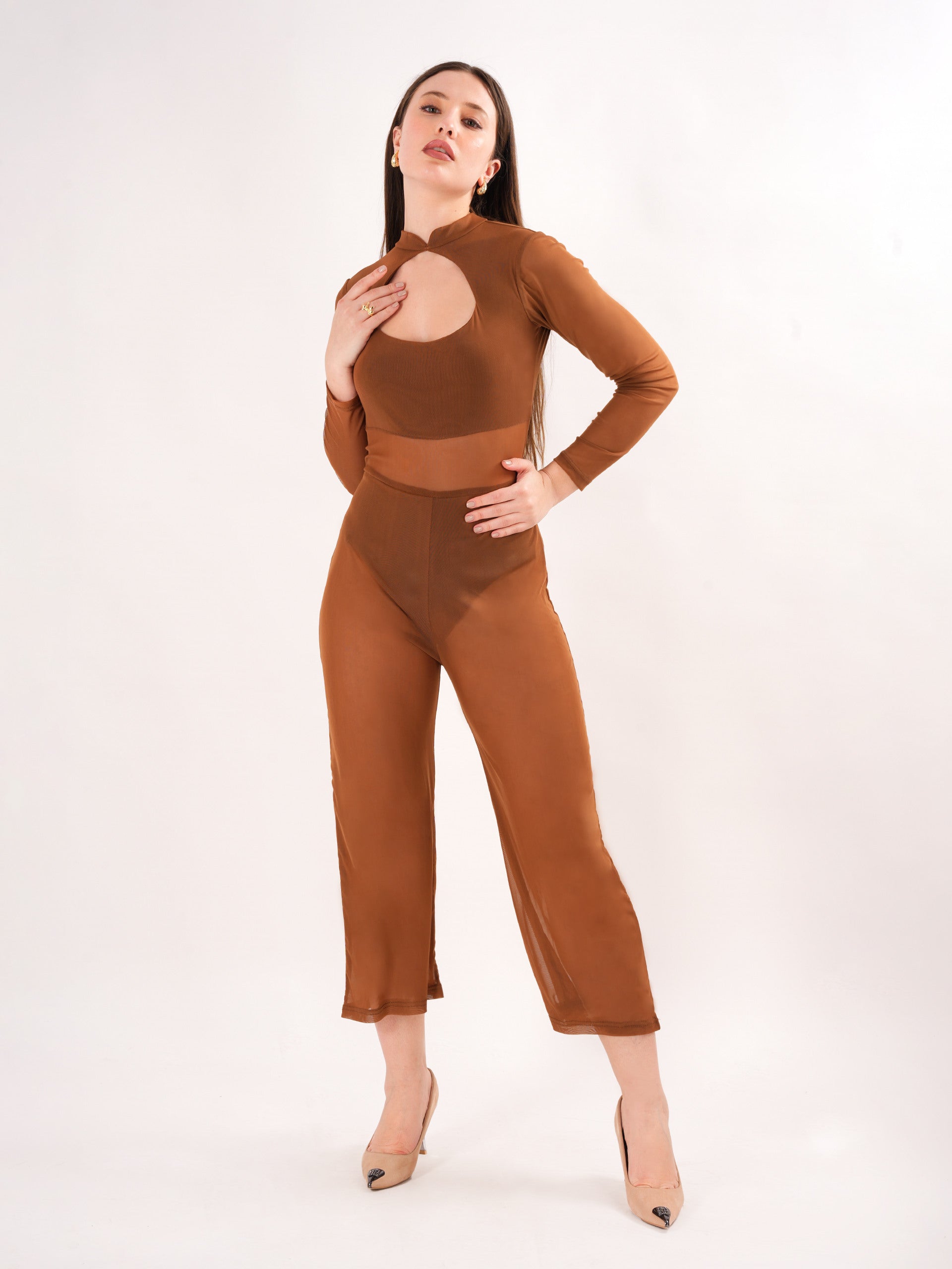 Sheer Brown keyhole Neck Jumpsuit