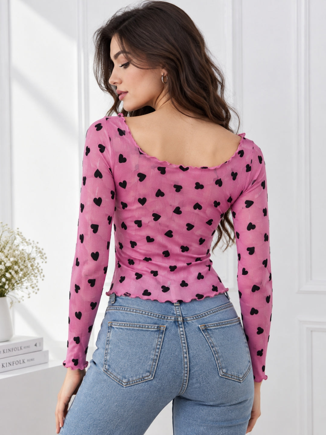 Women Heart Print Round Neck Top
