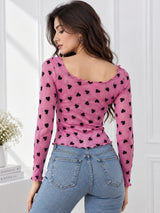 Women Heart Print Round Neck Top