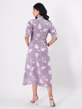 Floral Print A - Line Midi Dress With Gathering Sleeve