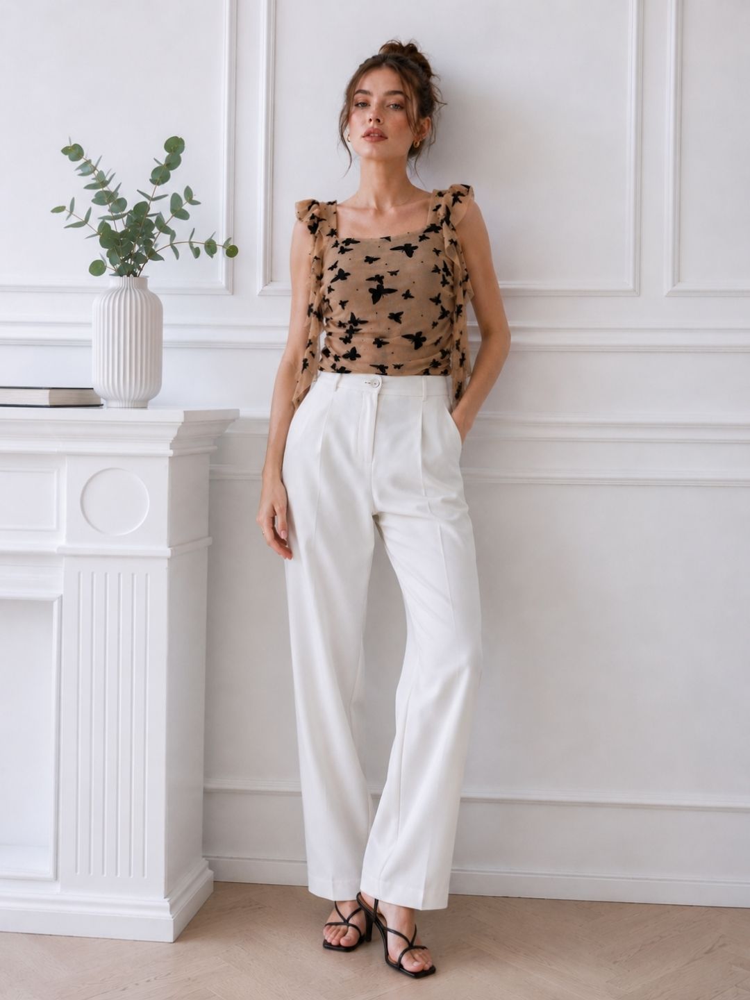 Women's Butterfly Print Beige Top