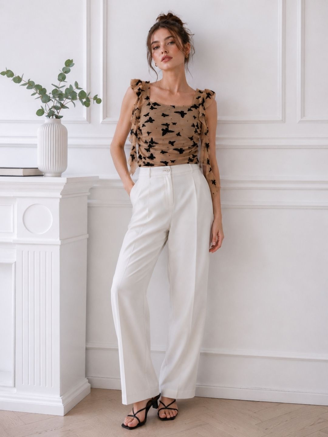 Women's Butterfly Print Beige Top