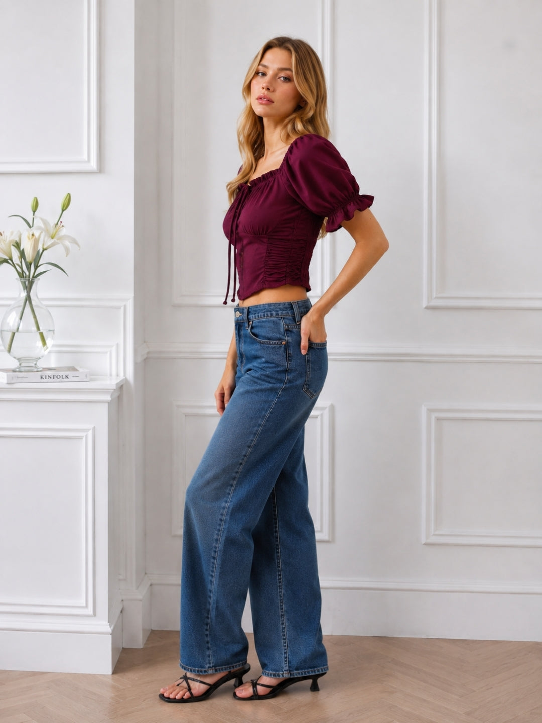 Clobug Women Square Neck Short Sleeve Crop Top